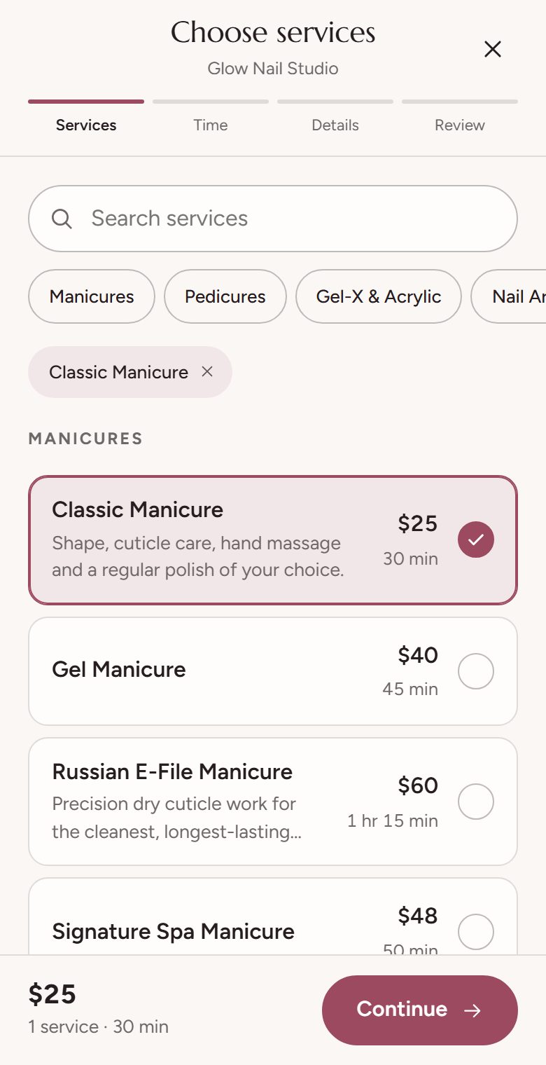 A client picks a service, then a time (made-up salon)