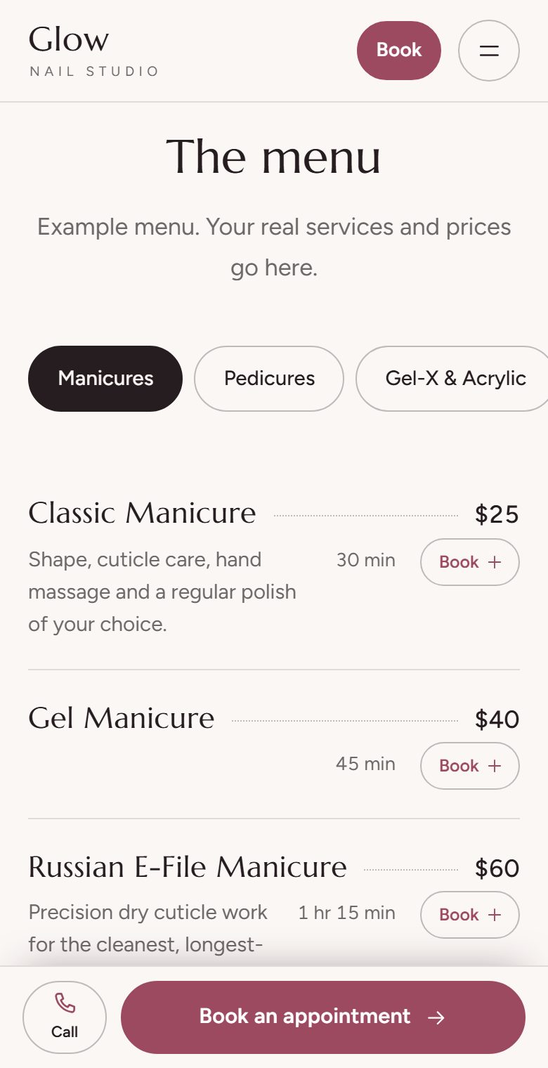 Your services and prices, each with a Book button (made-up salon)