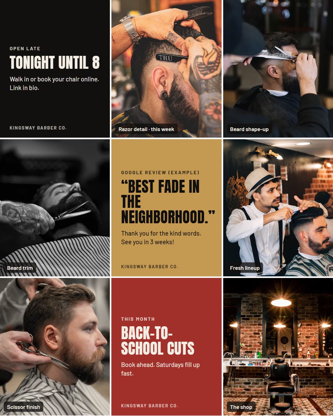 What a month of posts could look like (made-up barbershop; stock photos stand in for yours)
